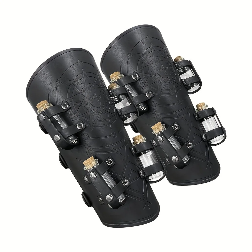 Medieval Embossed Alchemy Bracers, Equipped with 8 Cork Bottles, Fantasy Faux Leather Buckle Arm Guards, Magical Archer Gloves