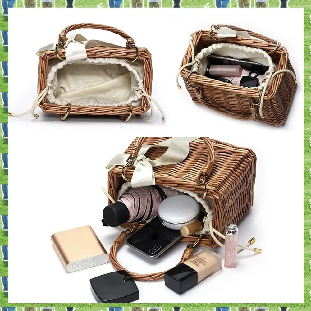 

FTS Rattan Woven Bag Retro Style Bag Handbag Beach Bag Storage Basket Lunch Box Bag