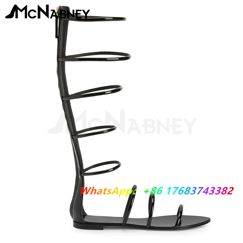 Zipper Sandals Boots Patent Leather Summer Shoes Flat Round Toe Sandals Knee Boots Summer Sandals Women Black Gold Flats Shoes