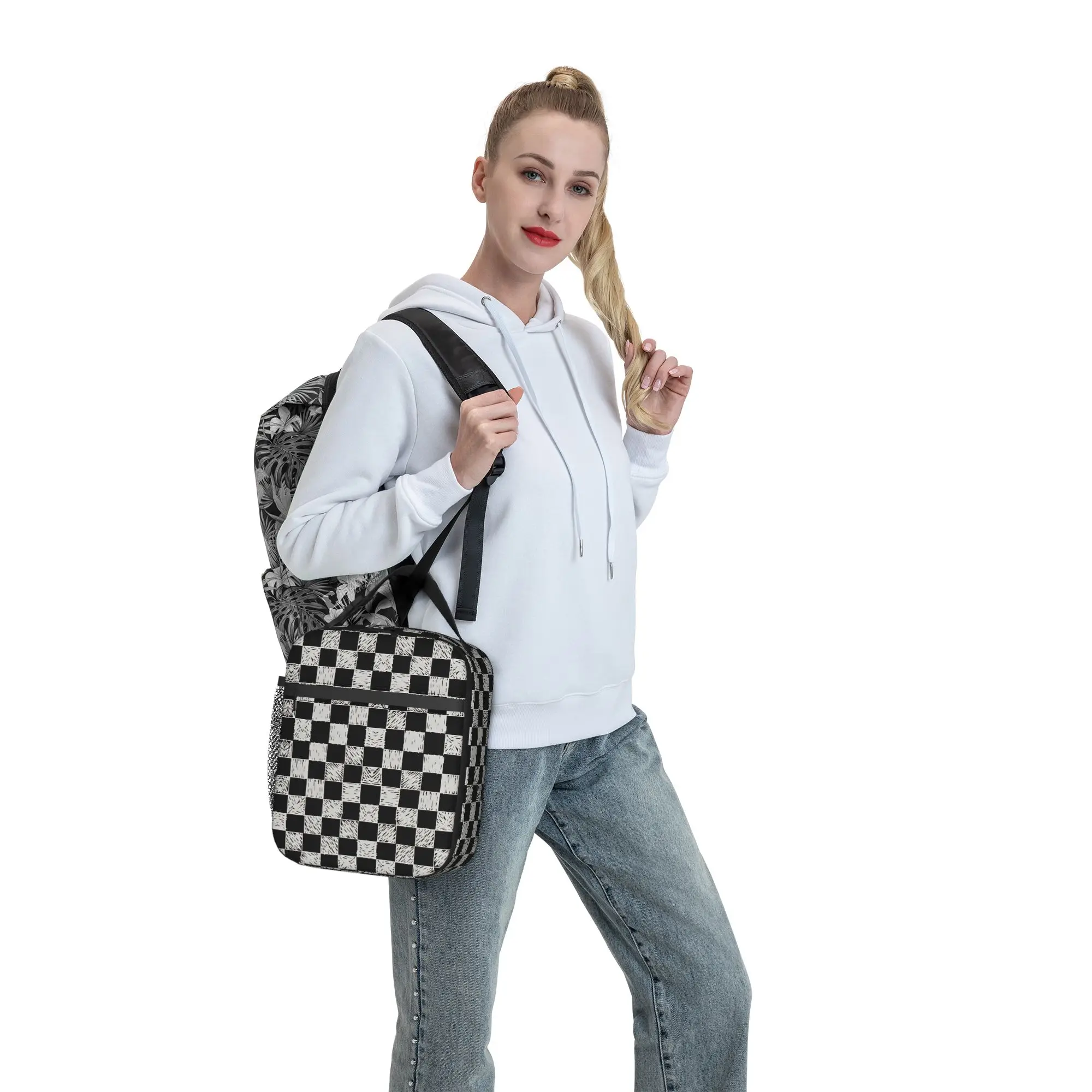 Lunch Bag Hand Drawn Sketch Checkered Office Lunch Box For Child  Casual Portable Graphic Cooler Bag
