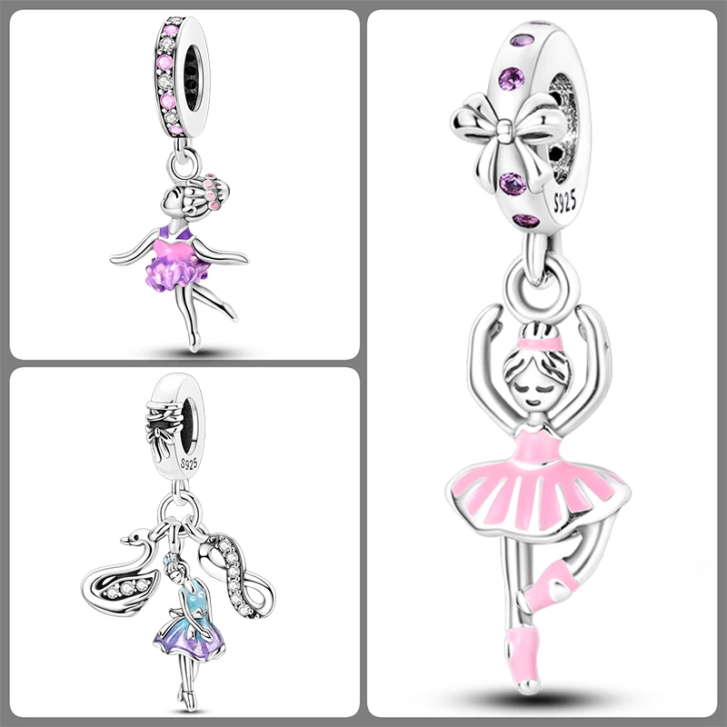 3-teiliges Ballett-Charm-Set aus 925er Sterlingsilber, Ballerina-Tanzschuhe, rosa Perlen, DIY-Armband, Halskette, Geschenk für Frauen und Mädchen – Detail 2