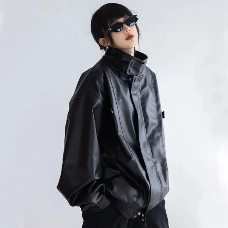 Harajuku jaqueta pu gola alta moda feminina estilo falso couro manga comprida jaqueta heavy metal preto y2k topo feminino