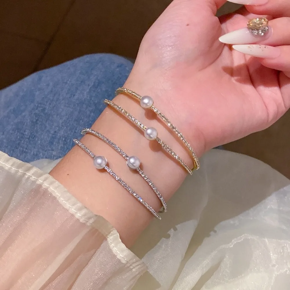 Simple Pearl Opening Bangles Double-layer Bridal Jewelry Rhinestone Bracelet Hand Ring Wrist Ornament Wedding Prom