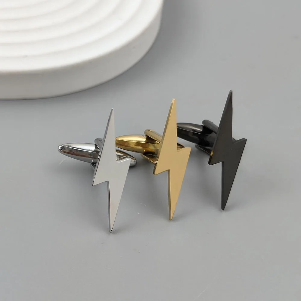 Exquisite Lightning Stainless Steel Cufflinks Available in Gold Silver and Black Colors Men's Business Dress Shirt Sleeve Nails