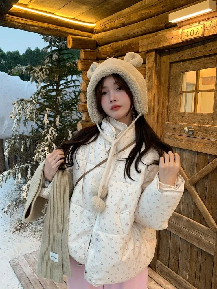 

Sweet Floral Print ort Loose Cotton Jaet Stand Collar Warm Bread Cotton Coat Autumn Winter Outerwear Women's Faion