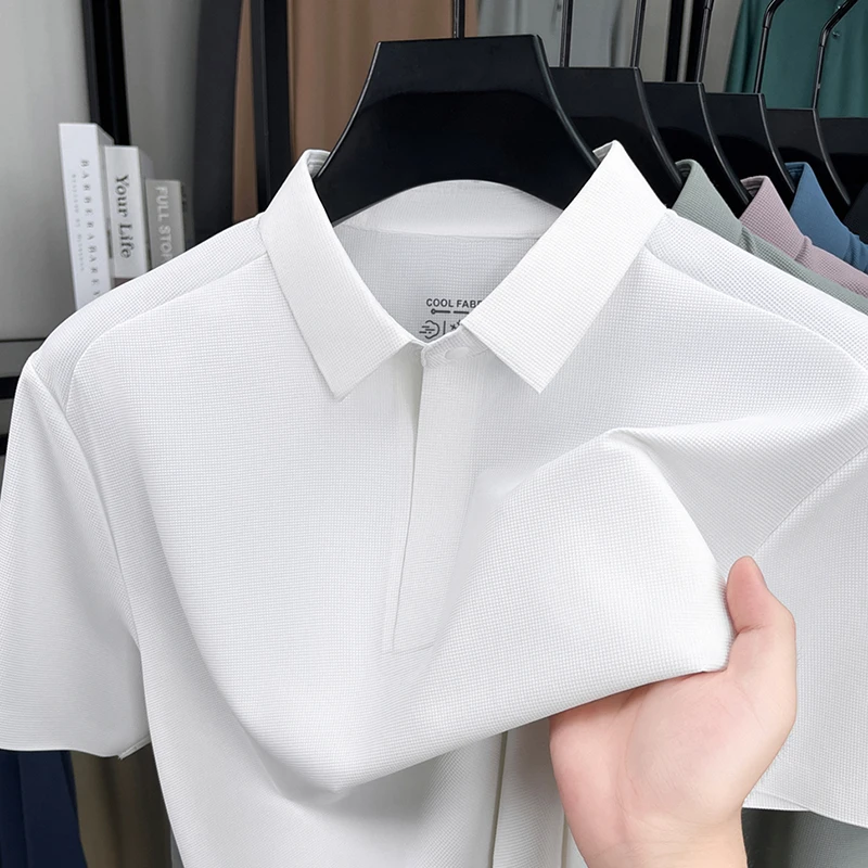 

Мужская летняя роскошная повседневная бесшовная рубашка поло с короткими рукавами, 8 цветов, нейлоновая рубашка, дышащая футболка, деловой топ