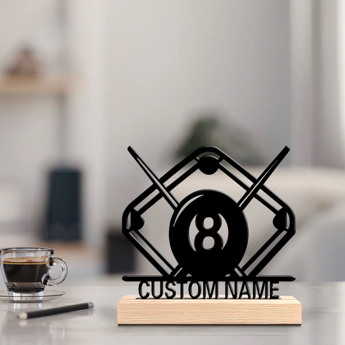 1pc Cute Personalized Custom billiards Metal Statues Modern Wooden Base Decor for Office Living Room Nature-Inspired