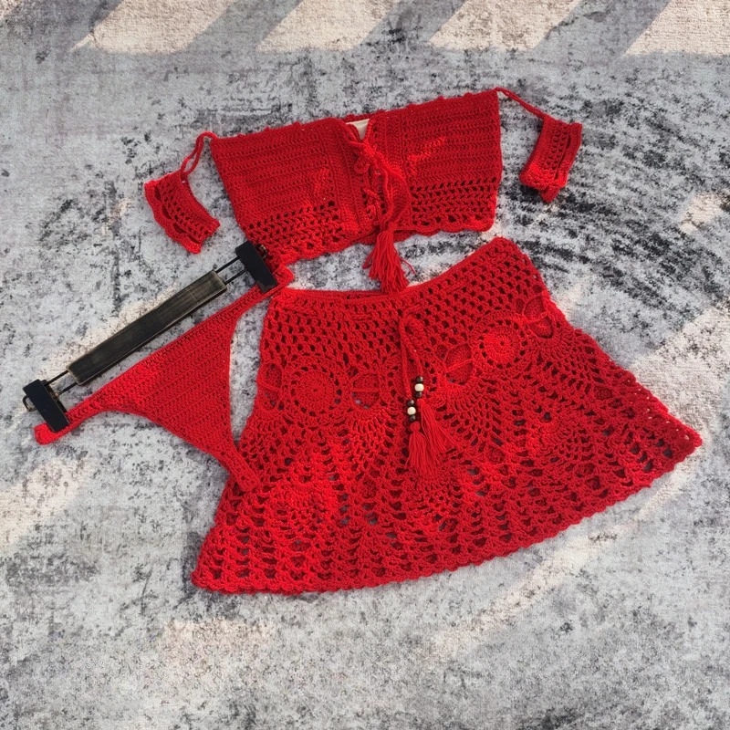 ถักบิกินี่ผู้หญิงชุดปิดไหล่ Lace Up Crop Top Hollow Out กระโปรงมินิ 2025 ใหม่ Spice สาวเซ็กซี่ Beach Cover Up