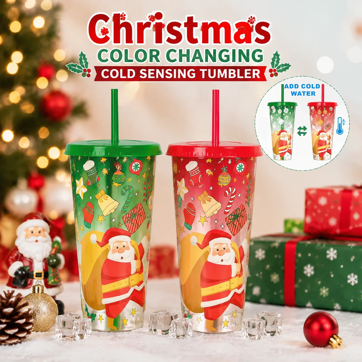 Christmas Color Changing Tumbler Cup Large Capacity Cold‑Sensitive Magic Drinking Cup with Straw Lid Santa Pattern Xmas Gift