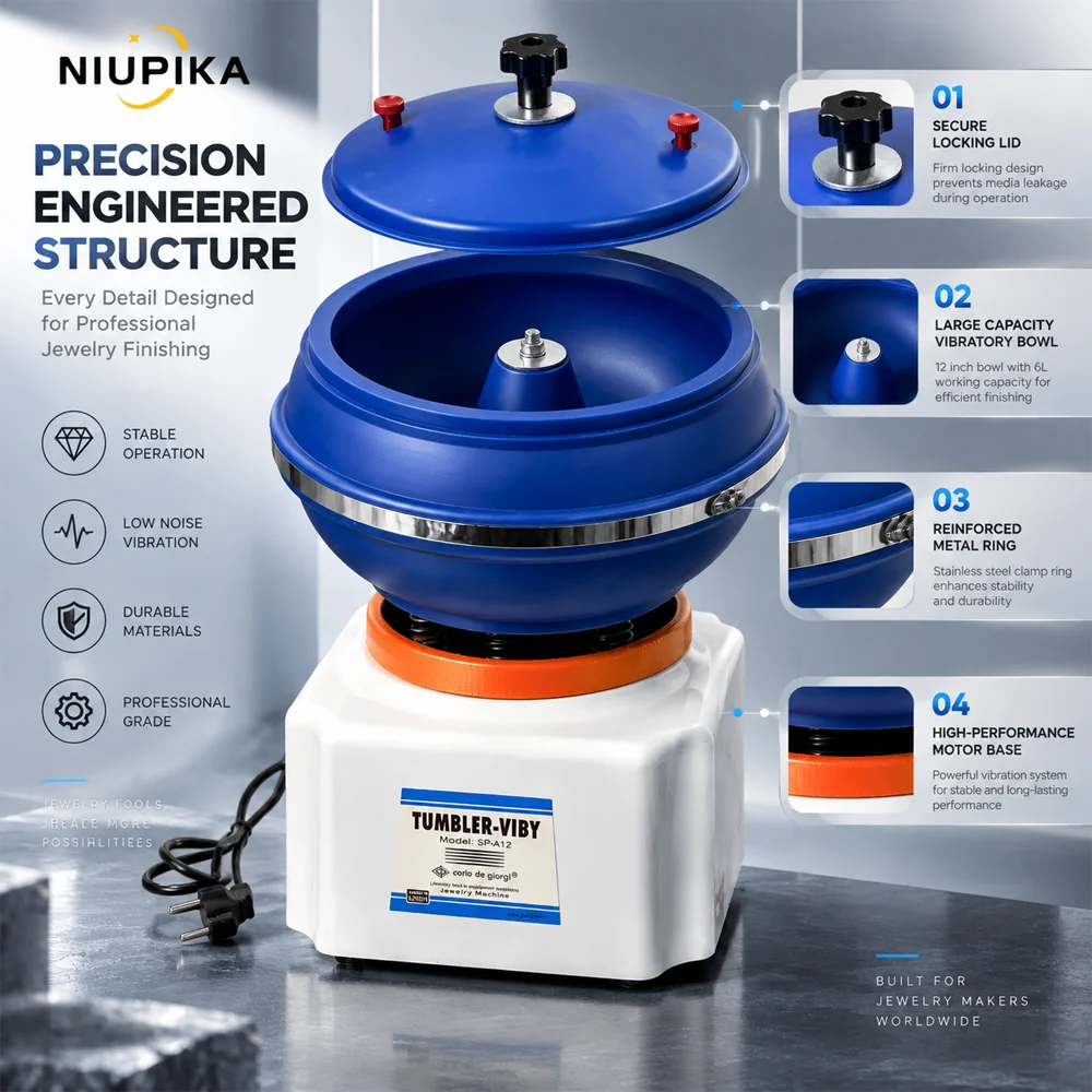 NIUPIKA 12 Inch 6L Vibratory Tumbler Jewelry Polishing Machine Metal Finisher Deburring Grinder for Gold Silver Jewelry Tools 6L