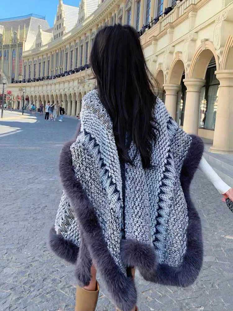 Fashion Crochet Weave Faux Fox Fur Cape Coat Women Autumn Winter Wraps Cloak Party Travel