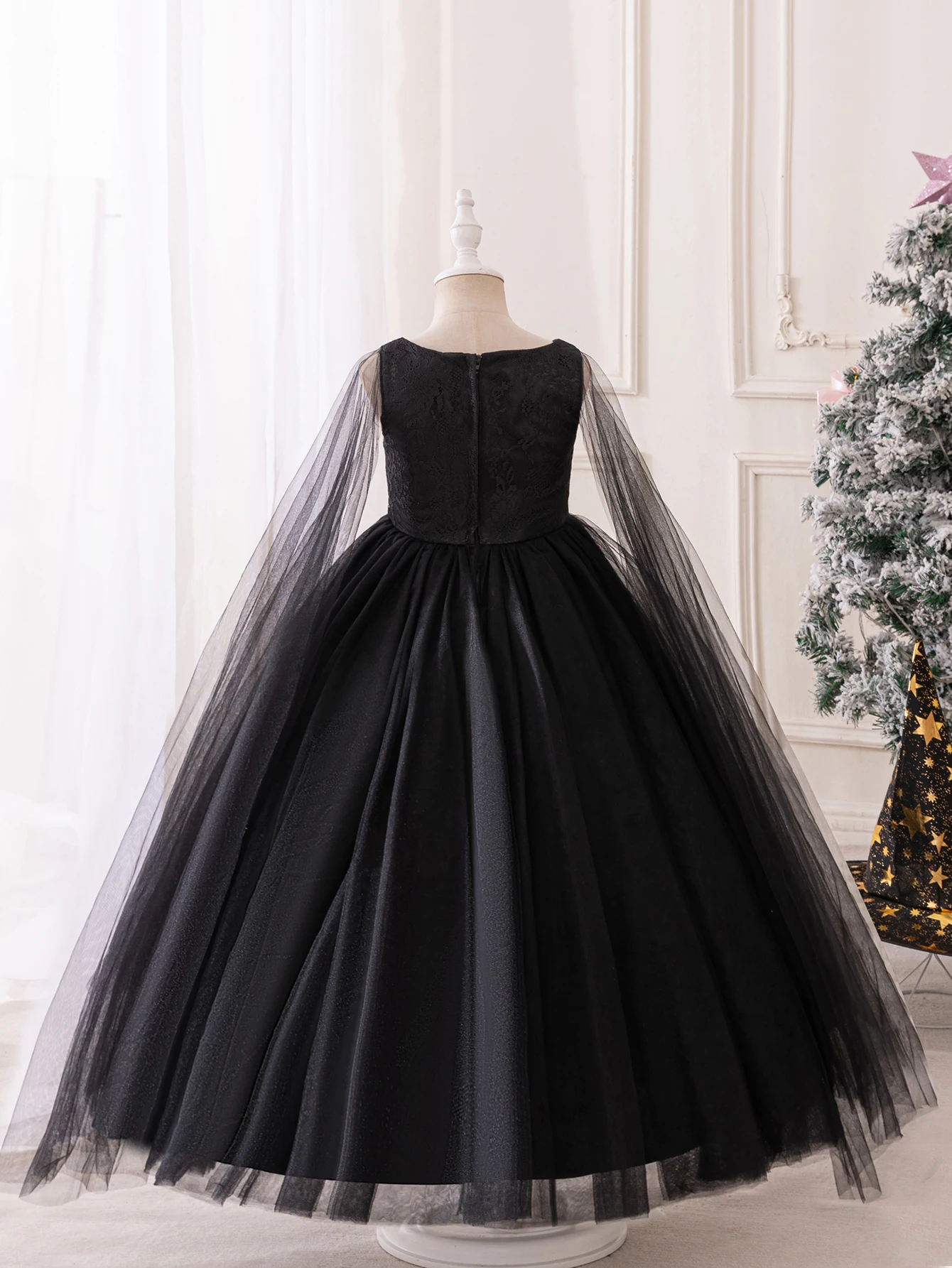 Princess Flower Girl Dress Black Floor Length Tulle Ball Gown Summer Tutu Dress for Wedding Birthday Party