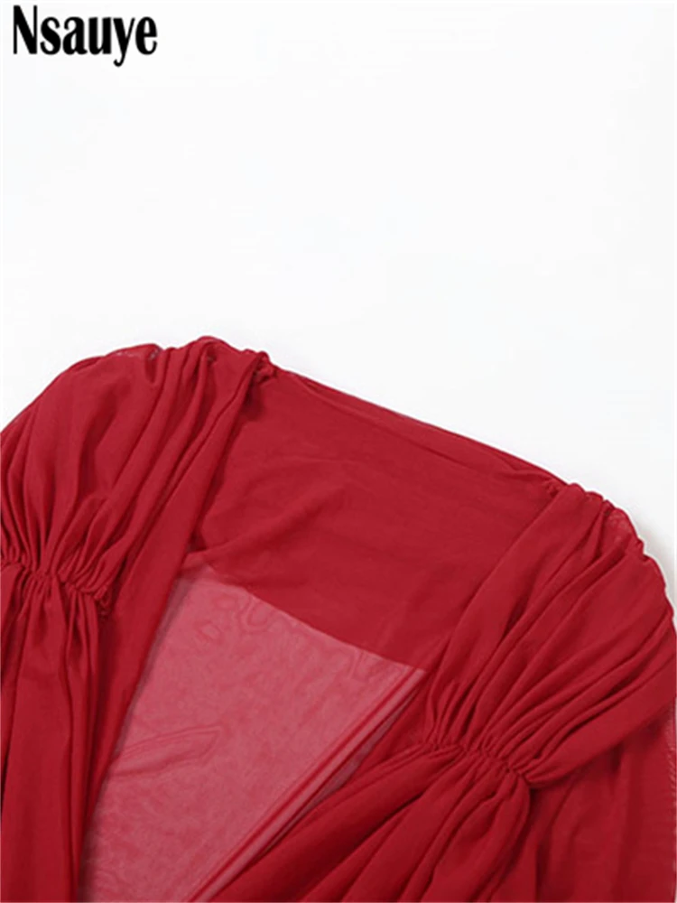 Nsauye Chic Elegant Women Low Cut Out Mesh Sexy See Through Maxi Night Club Party Dress Evening V Neck Long Sleeve Winter Dress