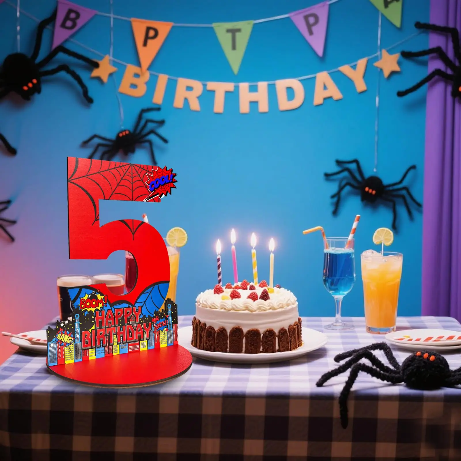 Centrotavola con Numero per 3°, 4°, 5° Compleanno a Tema Ragno, Decorazione da Tavolo in Legno, Accessori per Foto per Decorazioni di Compleanno a Tema Ragno ﻿