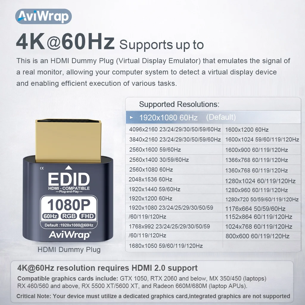 HDMI Dummy Plug 4K,Virtual Monitor EDID Emulator,Headless Display Adapter,Supports 4K/1440p@60Hz,1080P@120Hz