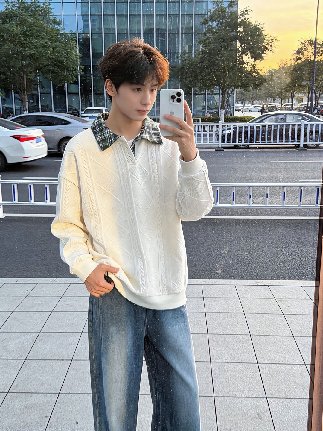 

White Wheat Pattern Collared irt Men's Spring Cleanfit American Splice Long Sve T-irt irt Collar Sweatirt