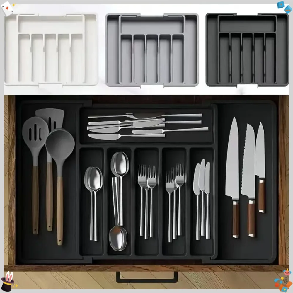 Organizador de cubiertos extensible ajustable para el hogar, bandeja de almacenamiento estilo cajón de plástico con divisores, caja de almacenamiento para cuchillos y tenedores