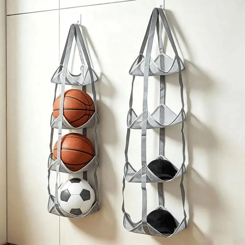 3/4 Tiers Hanging Sports Ball Storage Mesh Basket Door Wall Mount Holder for Outdoor Indoor Basketball Soccer Gear Storage