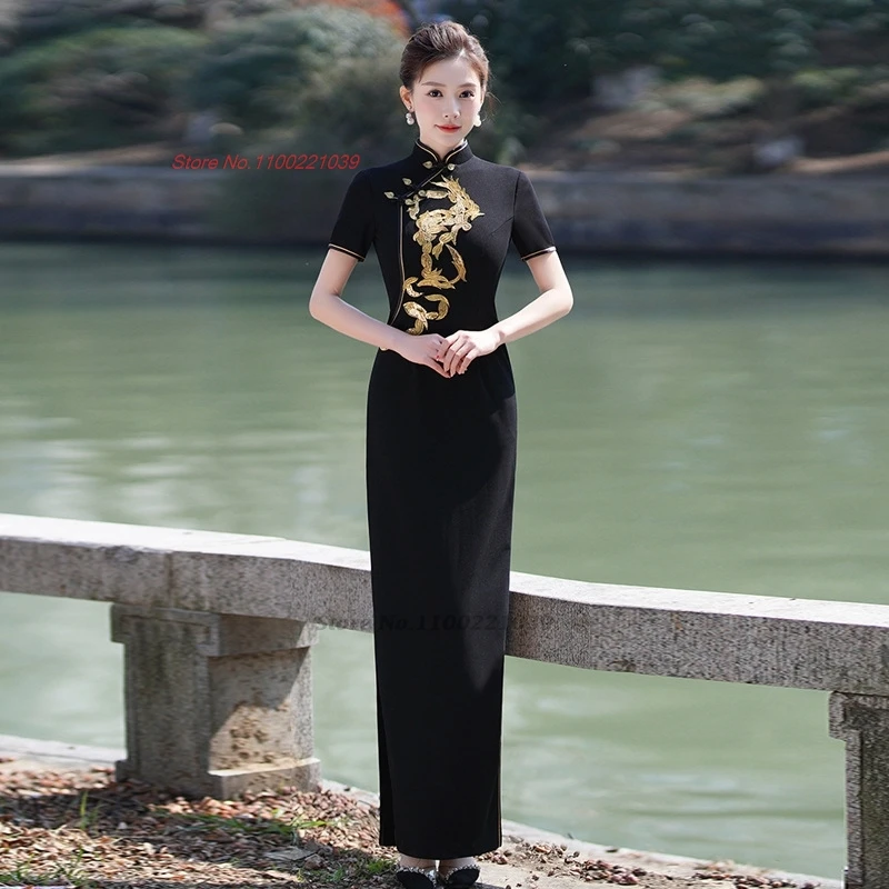

Китайское винтажное платье 2025 года, улучшенное платье Cheongsam с национальной цветочной вышивкой, платье для выступления на сцене, банкетное вечернее платье qipao