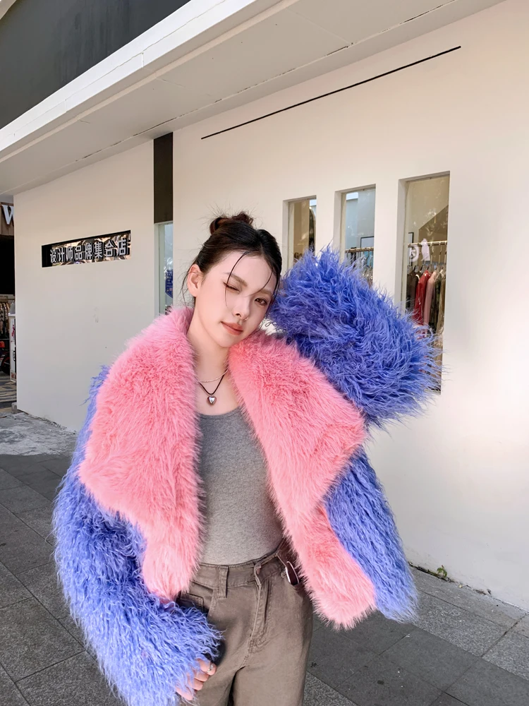 Original Design Contrast Color Faux Fur Coat Female Lapel Long Jacket Lady Shaggy Outerwear Women's Winter Coats Promotion