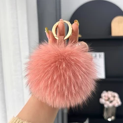 Keychain With Pompoms 15cm Fluffy Real Fox Fur Ball 13cm Fox Pom Backpack Handbag Car Leather Strap Keychain Key Chain