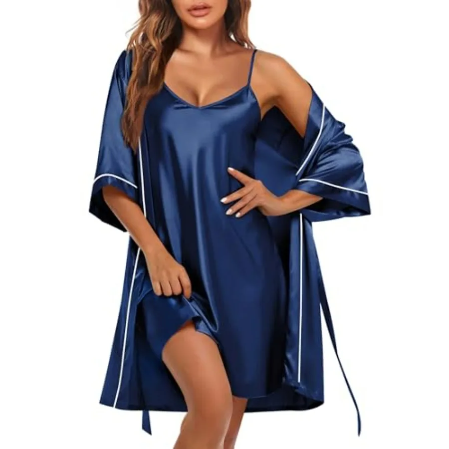 Ekouaer Women's Silk Robe Set V Neck 2 Pcs Satin Bathrobes 3/4 Sleeves Bridal Sleepwear Sexy Cami Nightgown