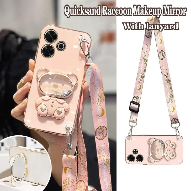 13 Cute Raccoon Makeup Mirror Plating Phone Holder Case For Xiaomi Redmi 13 13C A3 Turbo3 Shatterproof Soft Back Cover