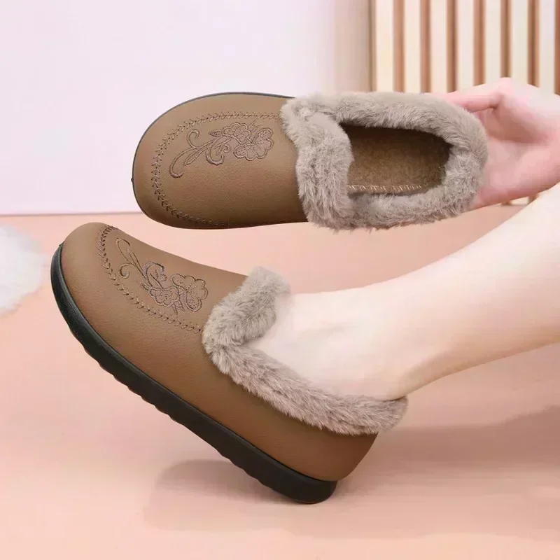 Women Winter Fleece Lined Embroidered Casual Shoes Slip On Thick Non Slip Sole Warm Footwear for Elderly Mom Daily Wear