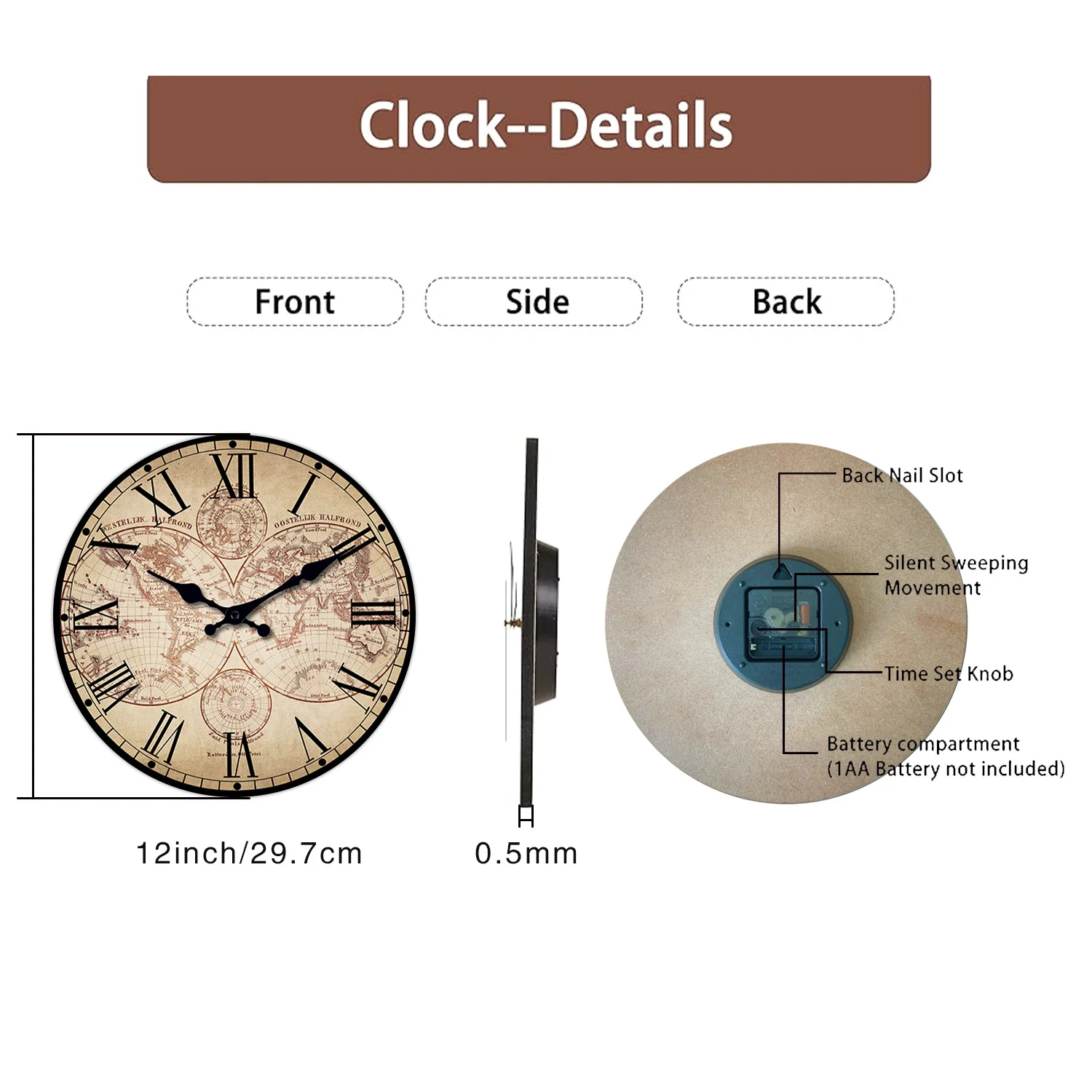 Retro Nautical Coast Beach Ship Compass Pattern Wooden Wall Clock Living Room Bedroom Kitchen Home Decor Silent Quartz Clock Holiday Gift 10 Inch 12 Inch 14inch 16inch (No Battery)