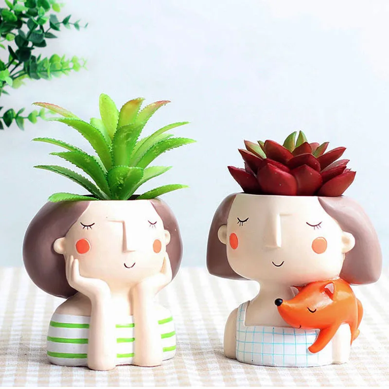 Resin Flower Pots Cute Girl Decorative Vase Plant Pots Creative Flower Arrangement Potted Plants Cartoon Figures Floral Vases