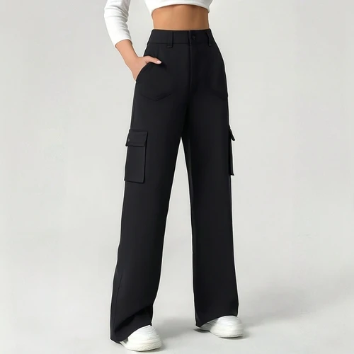 Mia Muse 여성용 편안한 캐주얼 바지, 단색 포켓 내추럴 웨이스트 전체 길이 스트레이트 데일리 팬츠, 사계절 