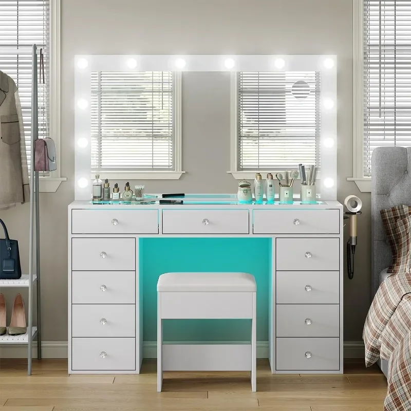 Makeup Vanity Desk with RGB Lights and Large 47.2’’ Mirror, 11 Drawers Makeup Vanity with Lighted Mirror, 3 Color Option