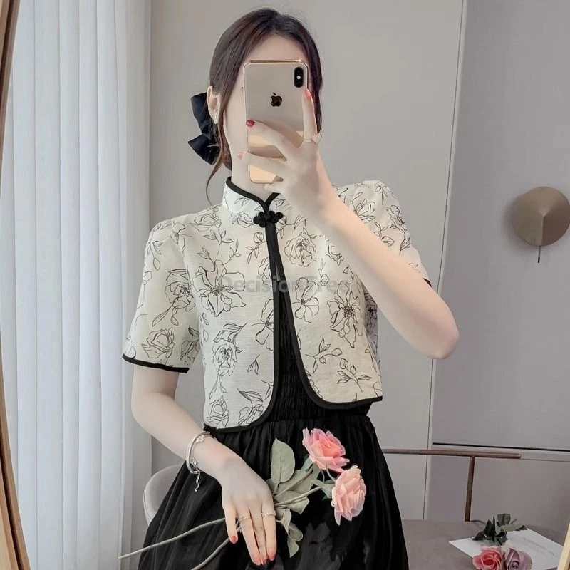 

2025 retro elegant temperament qipao cardigan chinese style dainty printed tang suit cardigan gentle literature art vintage top