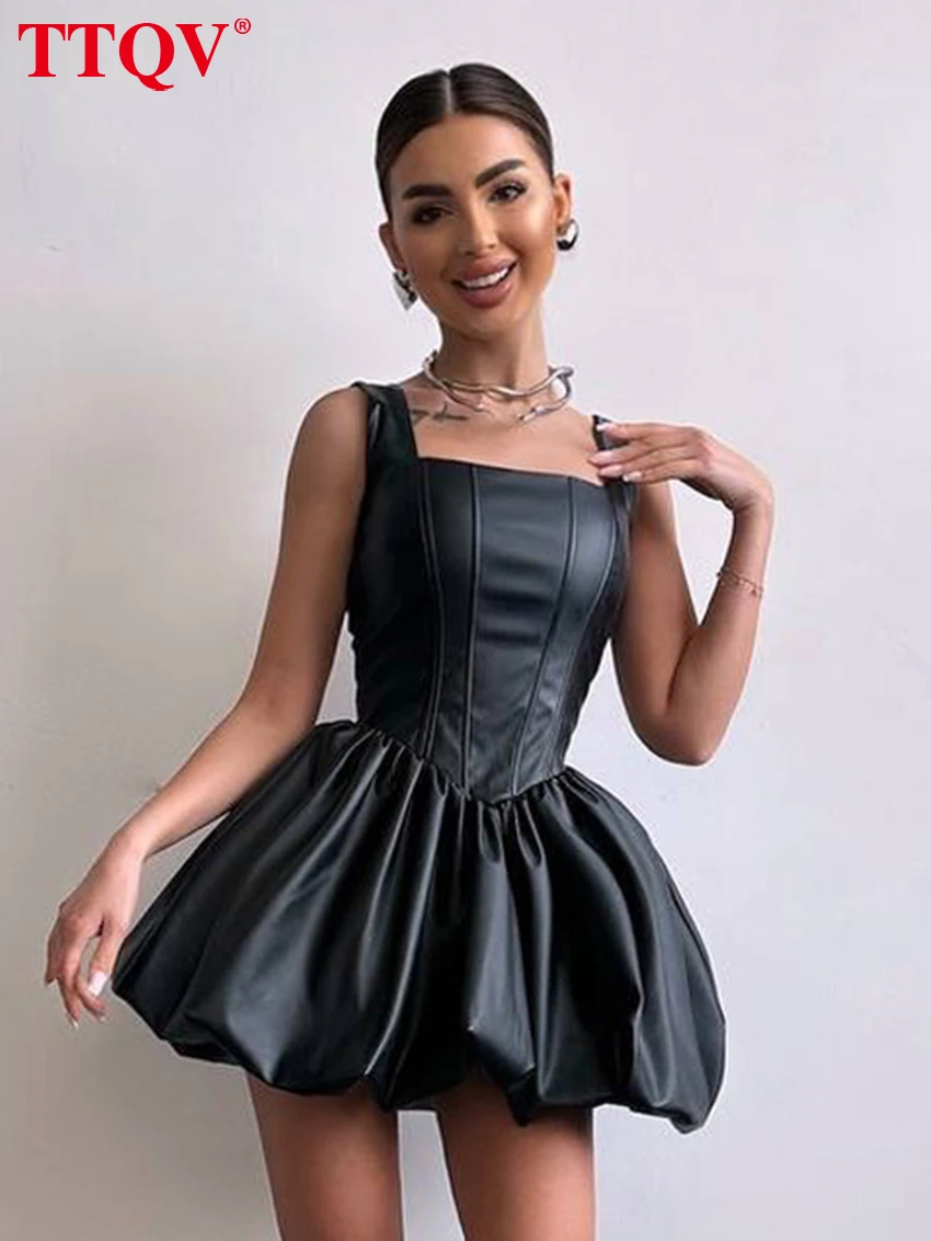 

TTQV Summer Slim Black Pu Leather Women's Dress 2026 Bodycon Square Collar Sleeveless Mini Dresses Elegant Pleated Female Dress