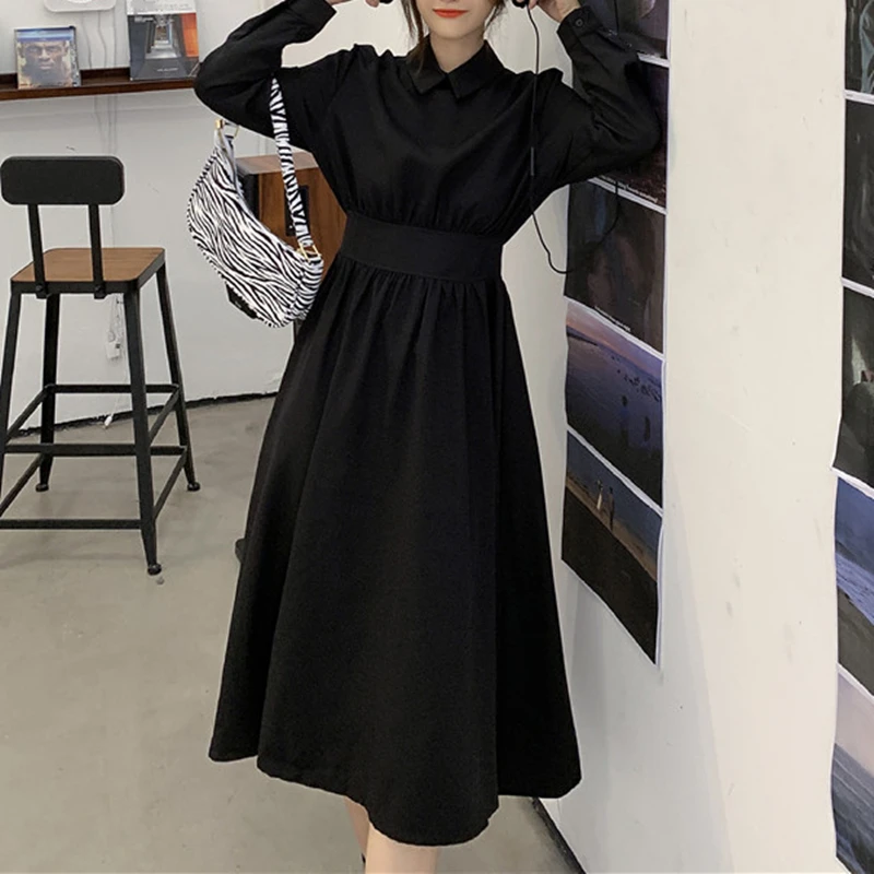 

Autumn Women Tum-Down Dress Fashion Casual Slim Long Sleeve Dresses Ladies Harajuku Solid Pullover Shirt Vestidos Female