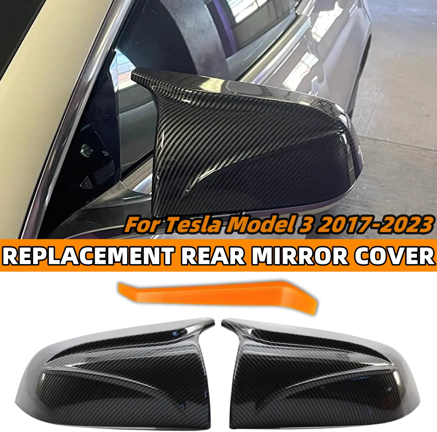 Pair Replacement For Tesla Model 3 2017-2023 Rearview Side Mirror Covers Cap Glossy Blakc/Carbon Firber Look Rearview Mirror Cap