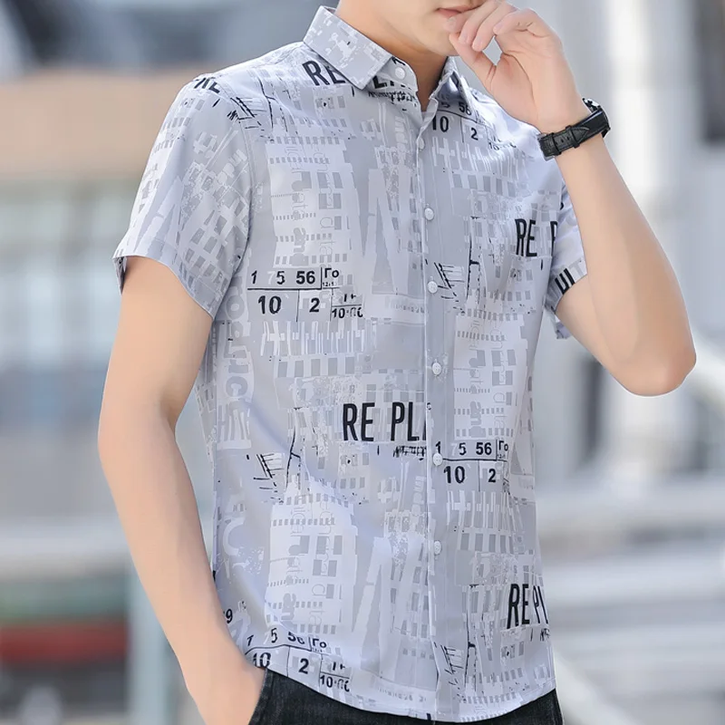 Men\'s Clothing Turn-down Collar Printing Summer Short Sleeve Button Contrast Color Cardigan Shirt Letter Casual Formal Tops