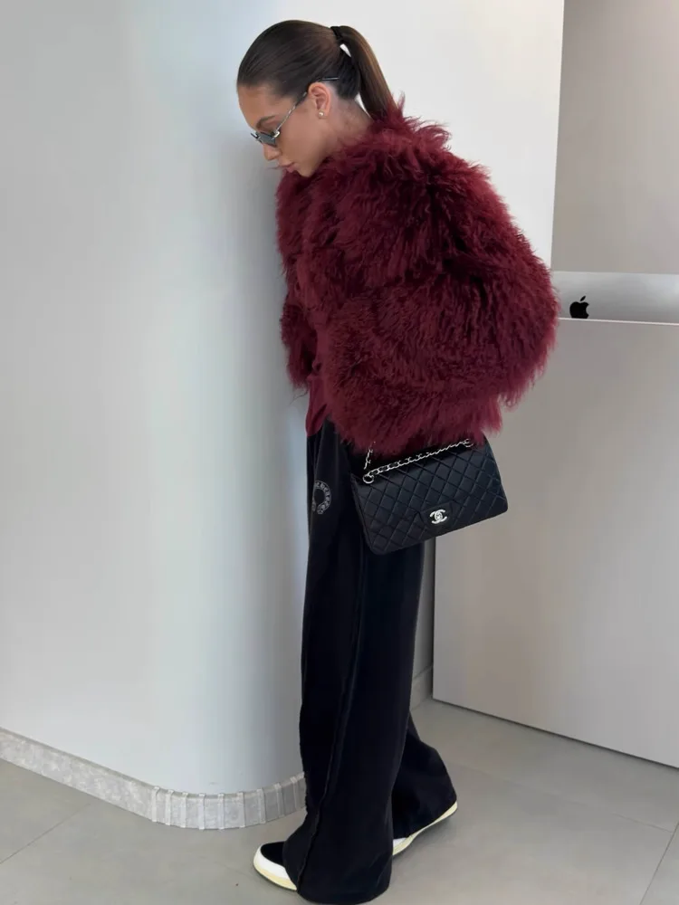 DFDG 2025 Women’s Spring Autumn Faux Fur Jacket Short Tan Lamb Cardigan Minimalist Casual Pile Coat Streetwear Warm Front Coat