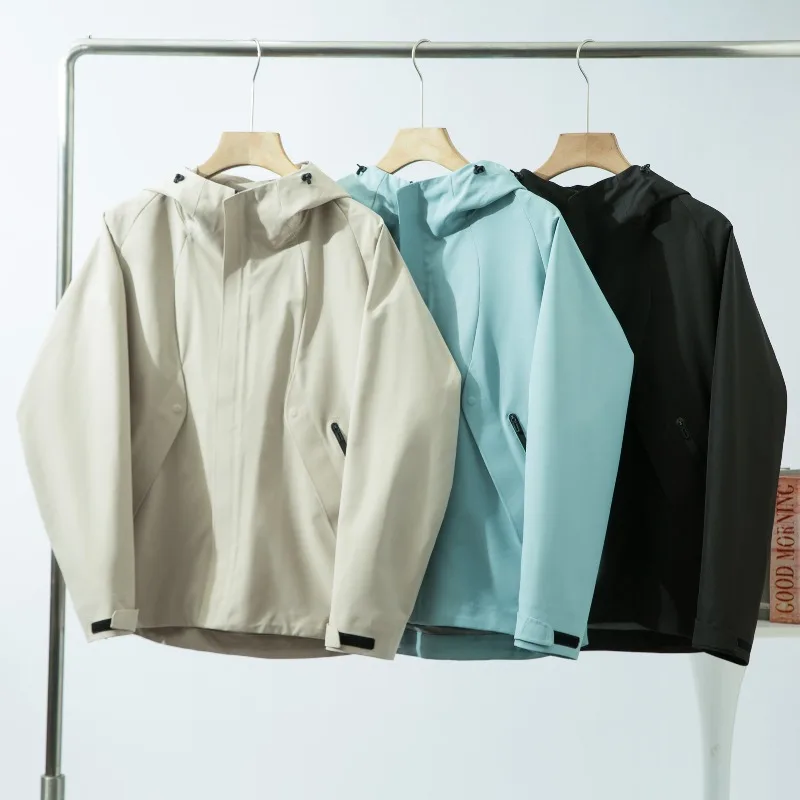 Men's Waterproof Windbreaker Jacket Outdoor Sports Hooded Coat Spring Autumn Workwear Casual Outerwear Lightweight Raincoat