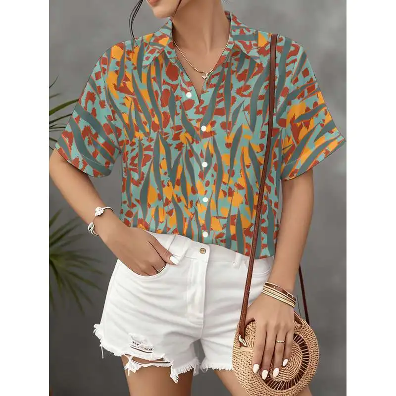 Women's Button-Down Short-Sleeve Shirt Teal Gray Orange Red Abstract Interwoven Patterns Casual Commuter Top Machine Washable