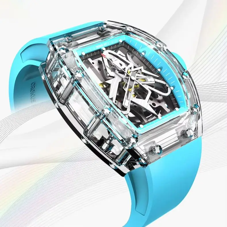 CRONUSART Men Automatic Watch 50mm Mechanical Wristwatch Sapphire Tonneau Case Mirror Luminous Fluororubber Strap Skeleton Dial