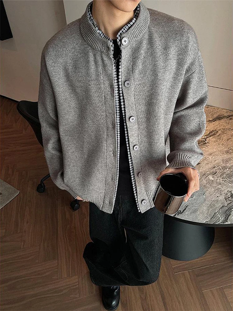 

ay American Retro Fake Two-Piece Open Cardigan Sweater Men's Sle Autumn Lazy Knitted Jaet Cleanfit Outerwear