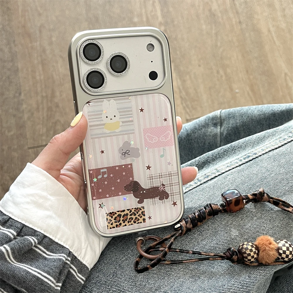 Funda de teléfono coreana con purpurina de conejo y cachorro de dibujos animados para iPhone 15, 13, 14, 16 Max 17 Pro, Fundas de galvanoplastia a la moda