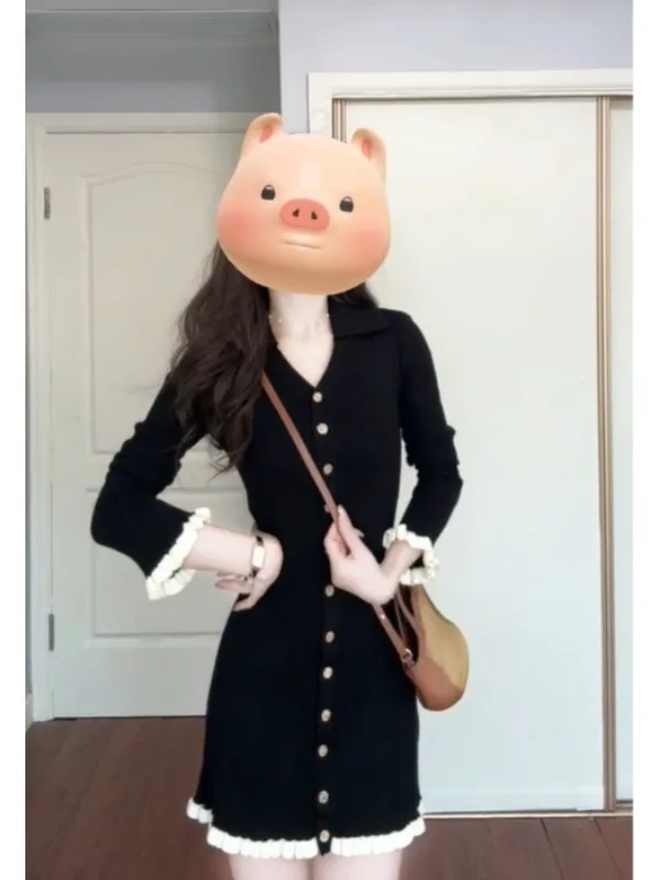 한국 스타일 니트 랩 어라운드 브이넥 슬림핏 드레스 하이 센세이션 겨울 패션 심플 엘레강스 바디콘 드레스