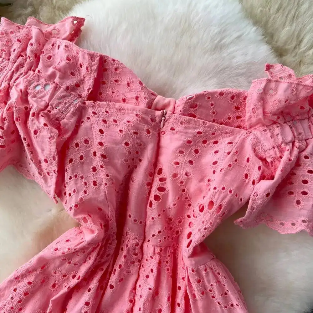 Elegant vintage Chic Embroidery cut out ruffle Dress A-line Casual Sleeve Spring Summer Vacation sweet dresses