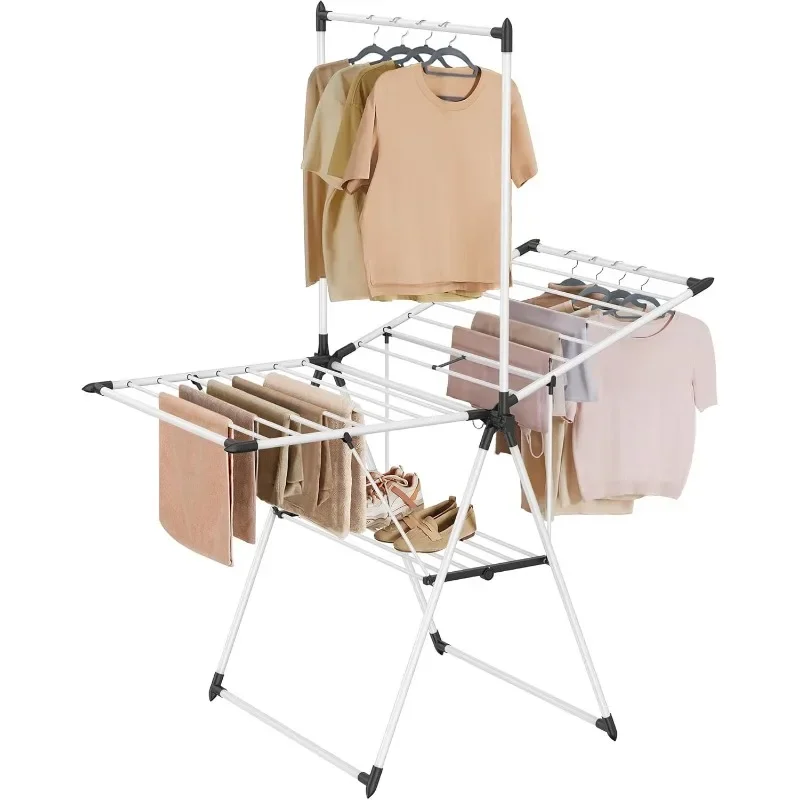 Clothes Drying Rack, Foldable 2-Level Laundry Drying Rack, Free-Standing Airer, 1 Additional Tall Hanging Bar