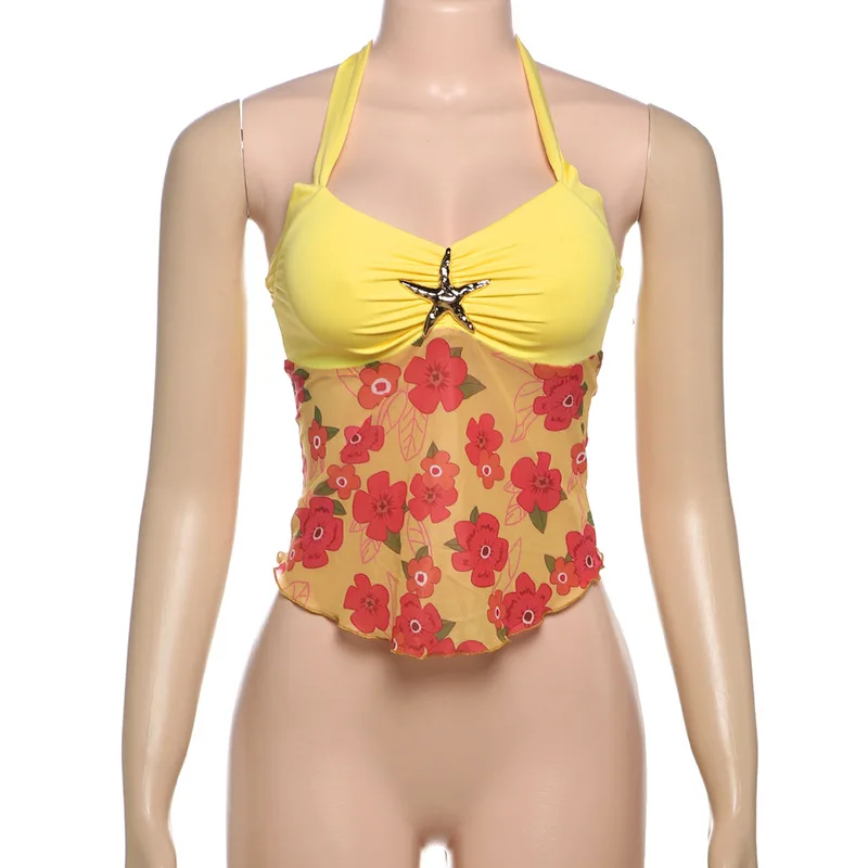 Floral Print Mesh Patchwork Lace Up Halter Backless Tank Crop Tops Women Sexy Metal Starfish Buckle Ruched Slim Holiday Camis