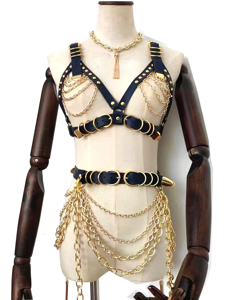 1 SET Handmade Leather Skirt Gold Chains Choker Top Outfits Waist Belt Punk Stage Harness Performance Dancing Show Nightclub