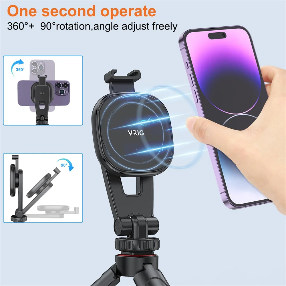 VRIG 360 Rotation Magnetic Tripod for Magsaf Phone Mount Extend Camera Tripod Selfie Stick for iPhone 15 14 13 12 All Phone Case