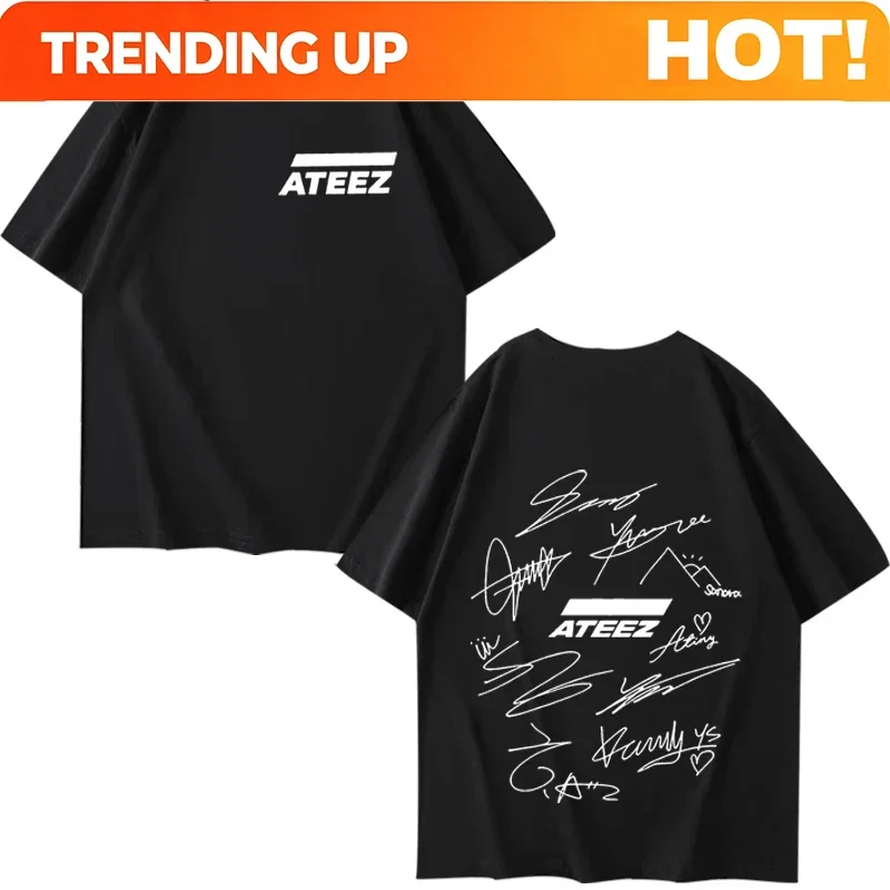 ATEEZ World Tour with Band Member Signatures & Geometric Back Print T Shirt men women  Summer Unisex tops